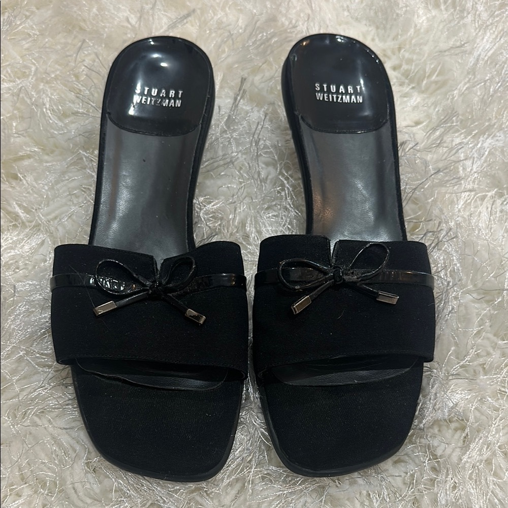 Stuart Weitzman Black Bow Mules with Patent Leather Kitten Heel